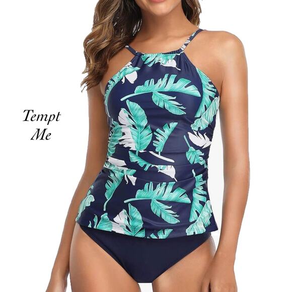 Tempt Me Blue Green Palm Leaf High Neck Ruched Tankini Bathing Suit  NWT Size L - Picture 1 of 11